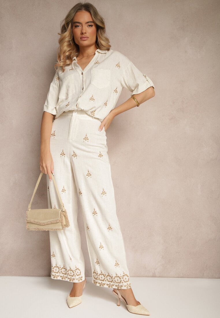melya by melody Pantaloni Alb-Bej cu Viscoză și In Talie Înaltă cu Croială Largă cu Broderii Olerina