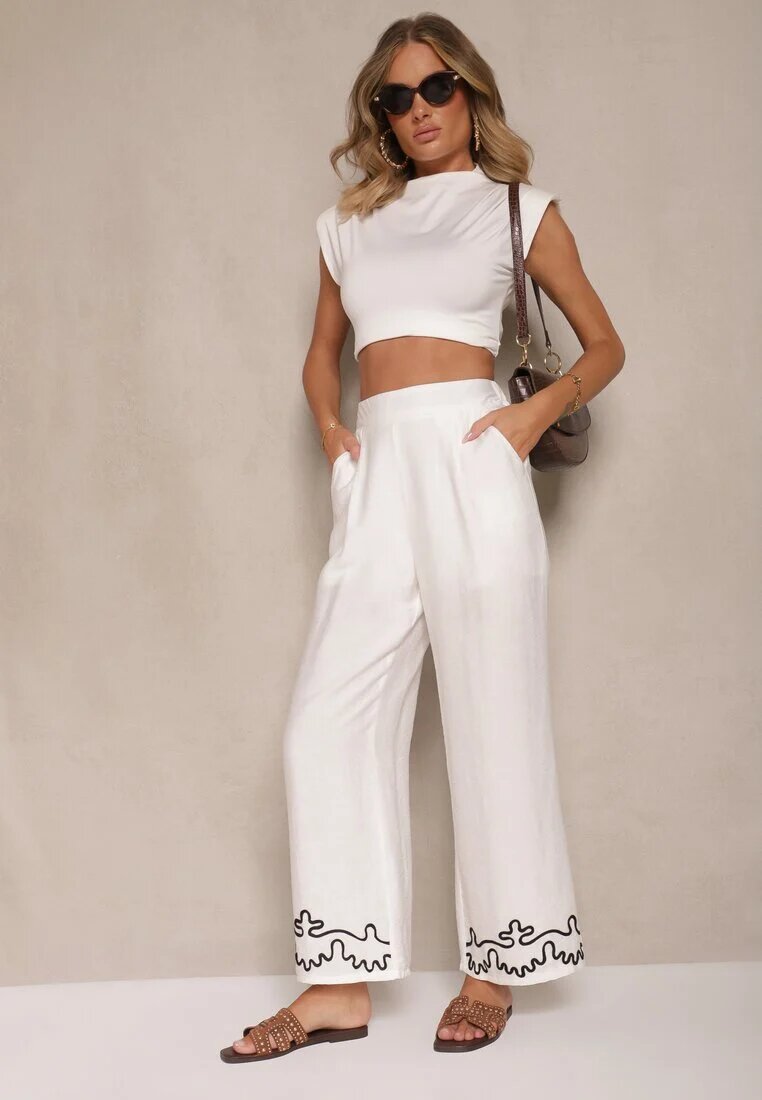 melya by melody Pantaloni Albi din viscoză cu croi larg cu in și cusături Fenelira