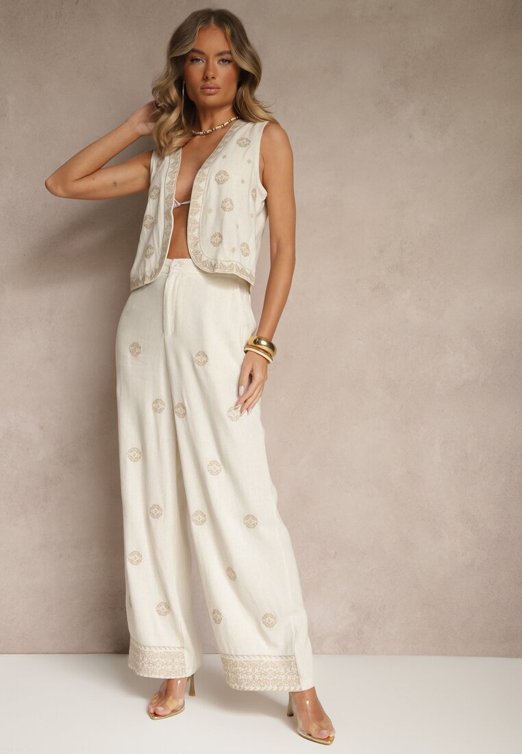 melya by melody Pantaloni Bej din Vâscoză și In High Waist cu Croială Largă cu Broderie Wilirna