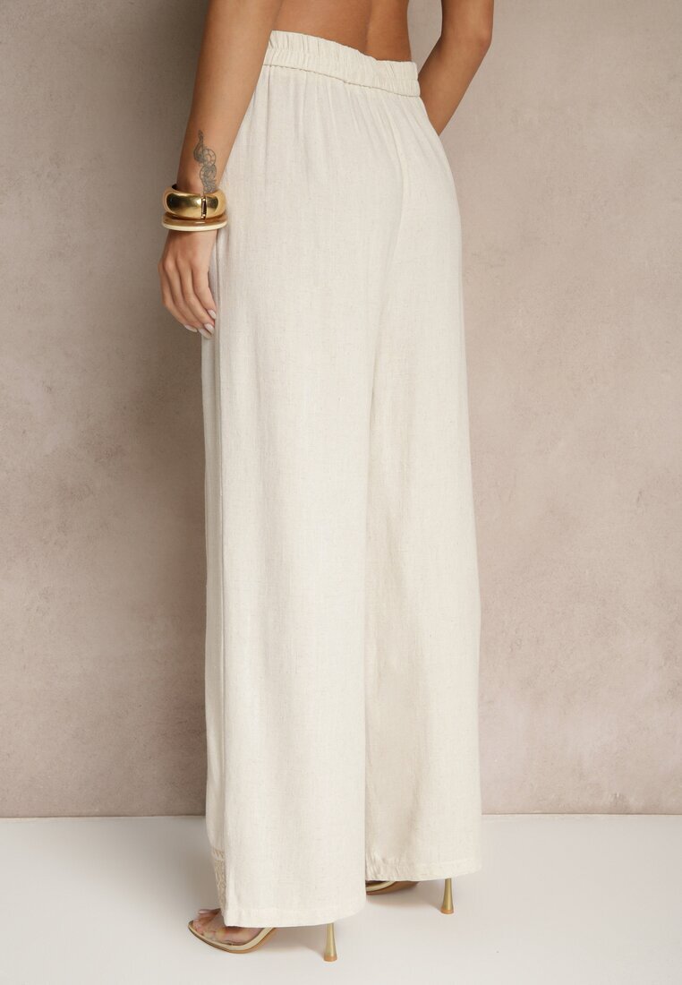 melya by melody Pantaloni Bej din Vâscoză și In High Waist cu Croială Largă cu Broderie Wilirna
