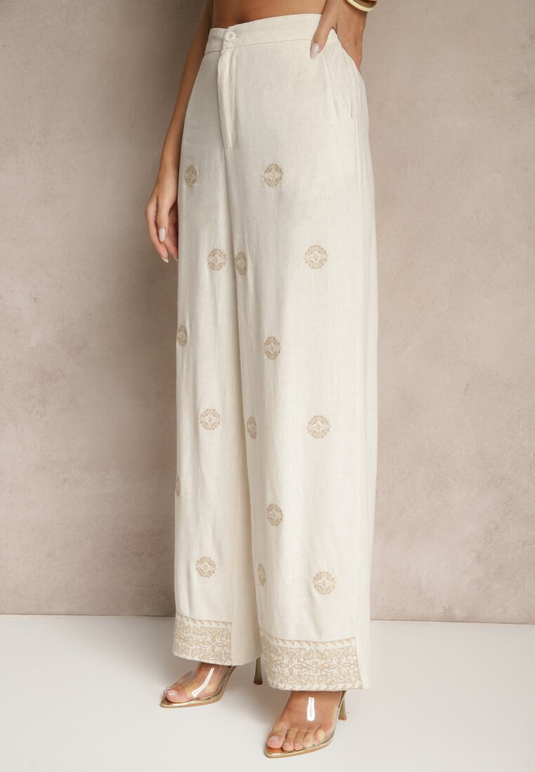 melya by melody Pantaloni Bej din Vâscoză și In High Waist cu Croială Largă cu Broderie Wilirna