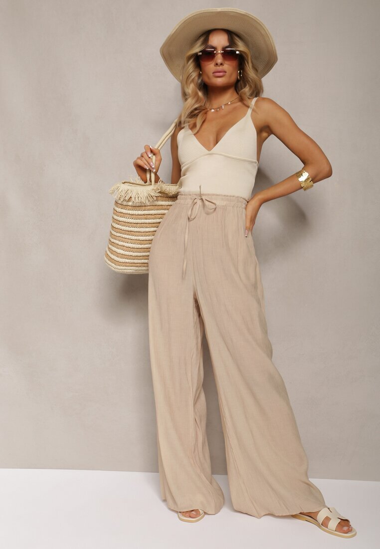 melya by melody Pantaloni Bej din viscoză Largi cu elastic și șnur în talie Tarallia