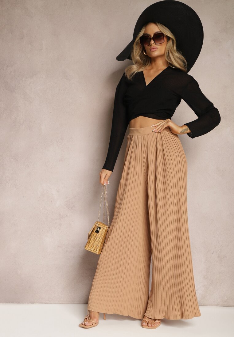 melya by melody Pantaloni bej largi cu pliuri talie înaltă Mirealli