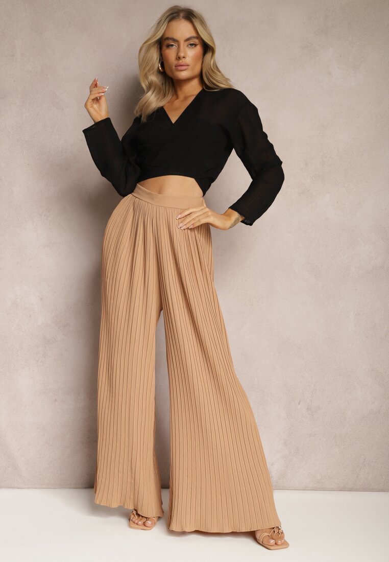 melya by melody Pantaloni bej largi cu pliuri talie înaltă Mirealli