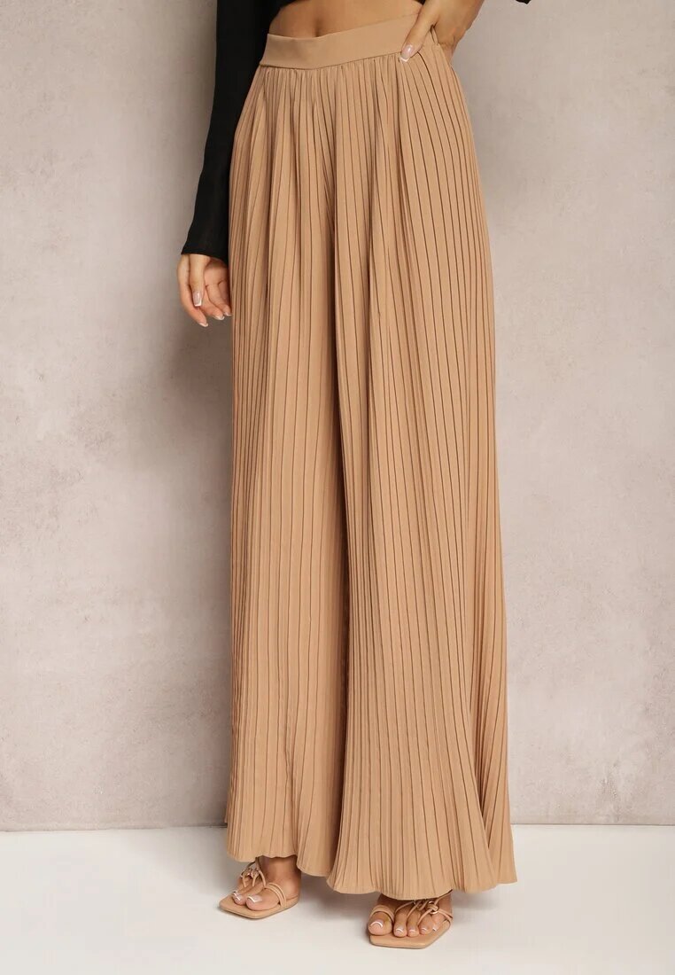 melya by melody Pantaloni bej largi cu pliuri talie înaltă Mirealli
