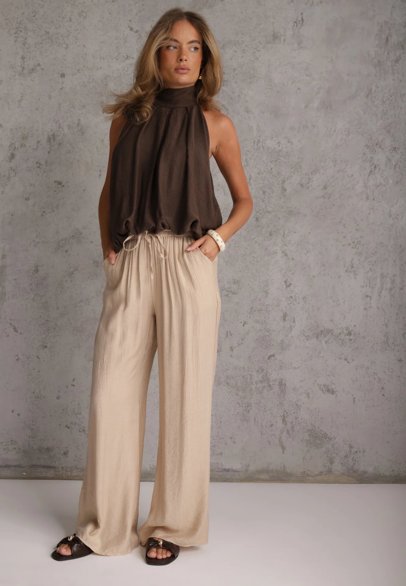 melya by melody Pantaloni Bej Largi din Viscoză și cu elastic în talie Abyga