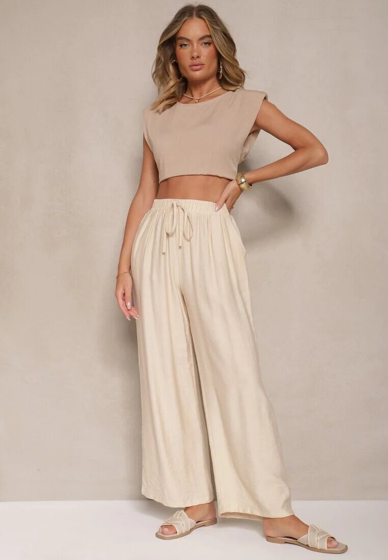 melya by melody Pantaloni Bej largi High Waist cu șnur Fenalin