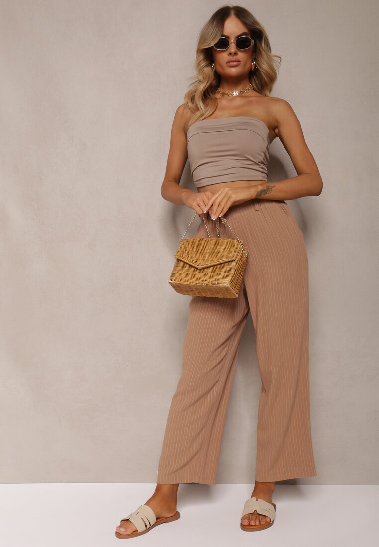 melya by melody Pantaloni Bej Regular cu Dungi High Waist Sallamia