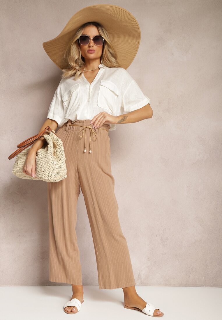 melya by melody Pantaloni Bej Regular cu Dungi High Waist Sallamia