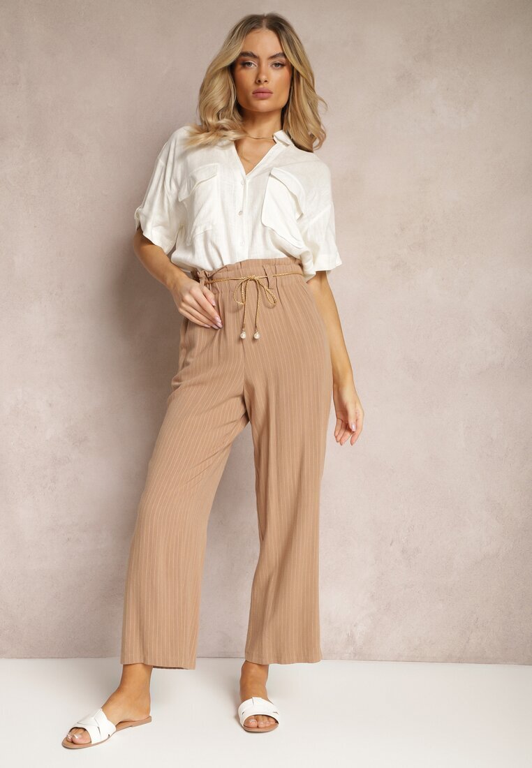 melya by melody Pantaloni Bej Regular cu Dungi High Waist Sallamia