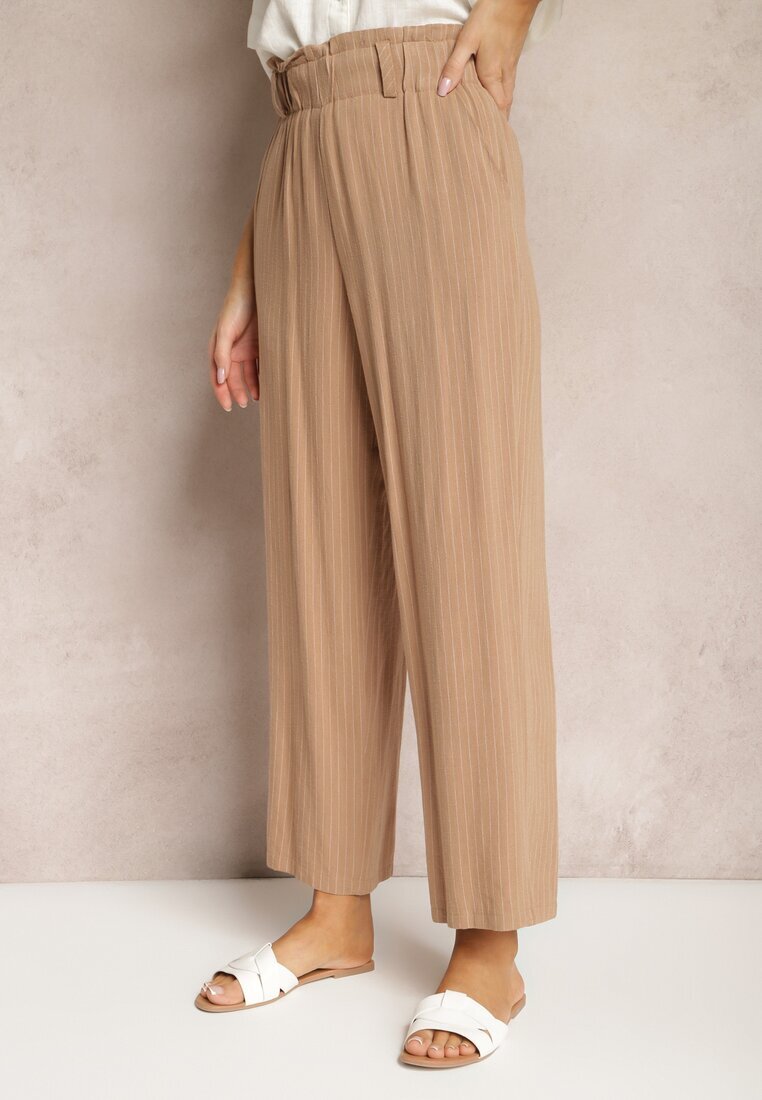 melya by melody Pantaloni Bej Regular cu Dungi High Waist Sallamia