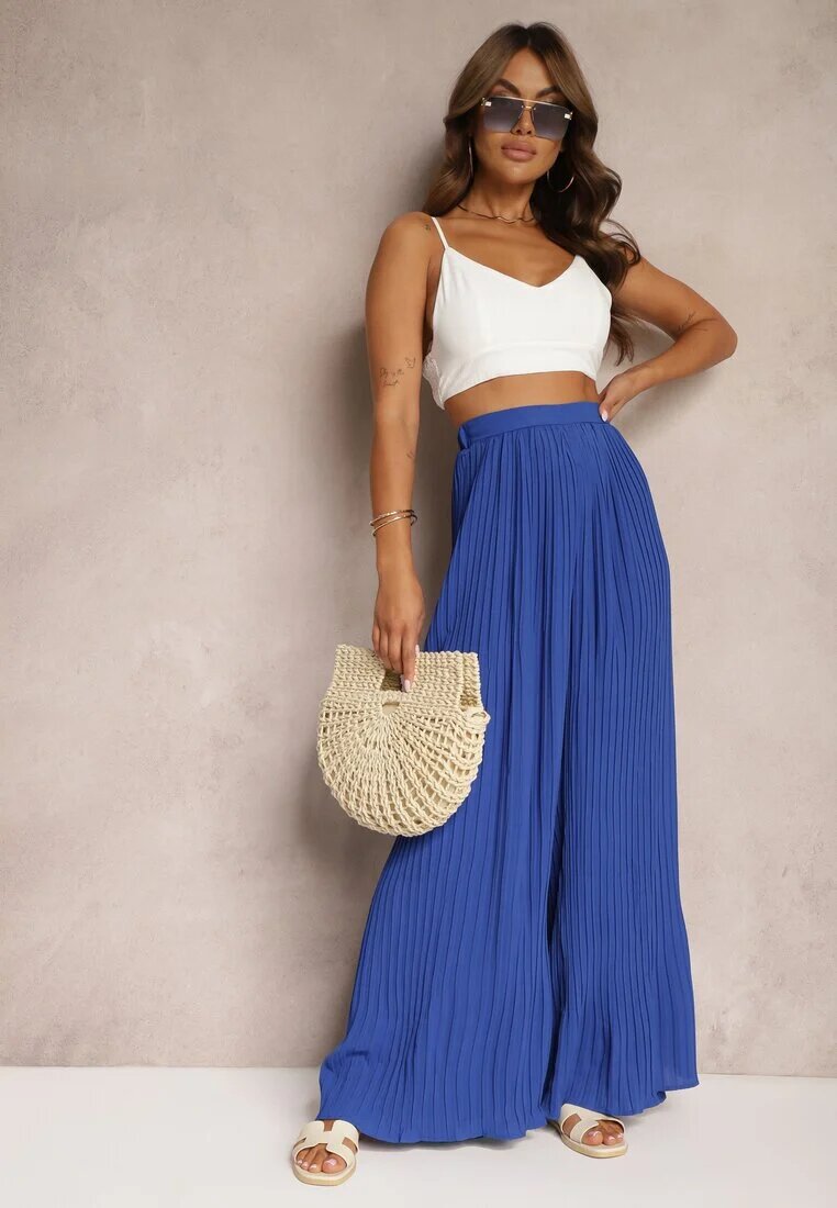 melya by melody Pantaloni Largi Bleumarin cu pliuri Talie înaltă Mirealli