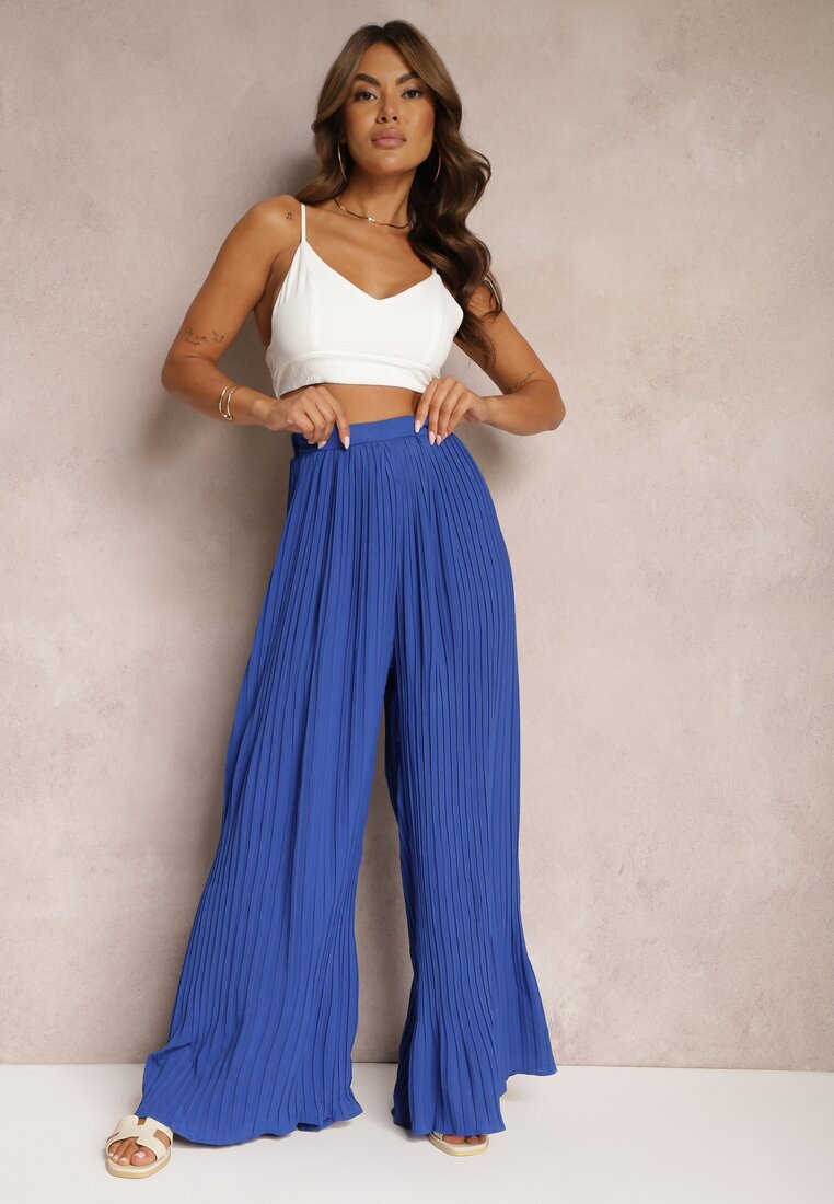 melya by melody Pantaloni Largi Bleumarin cu pliuri Talie înaltă Mirealli