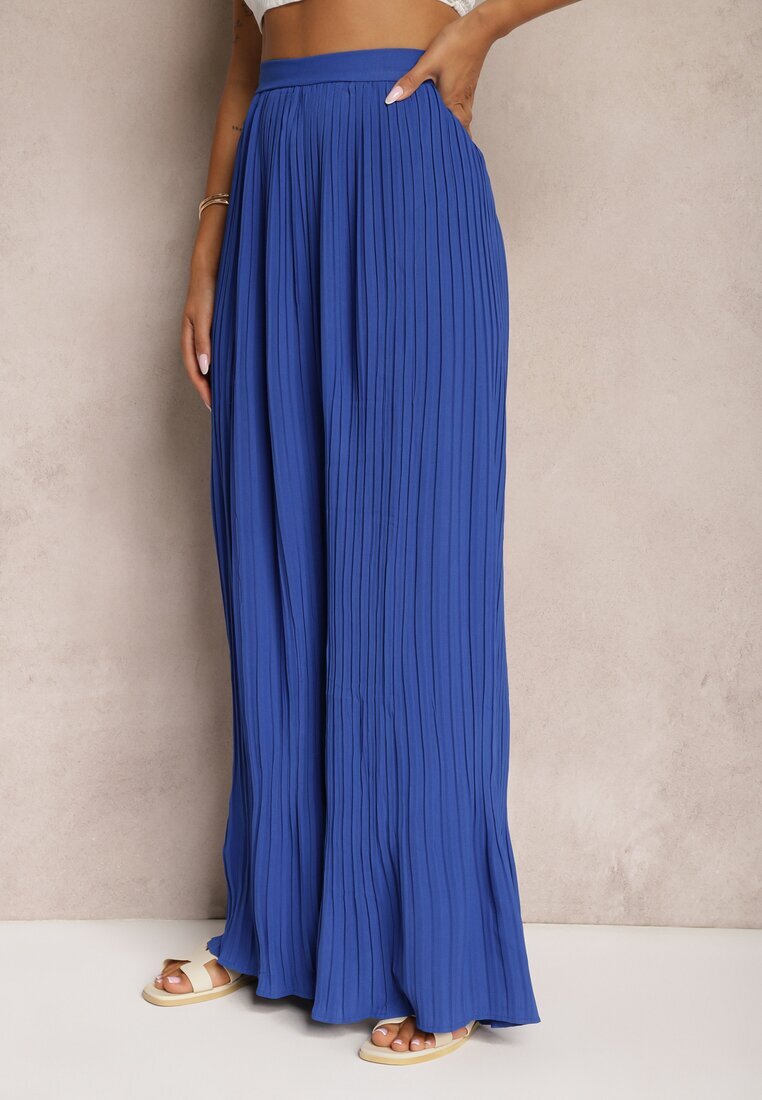 melya by melody Pantaloni Largi Bleumarin cu pliuri Talie înaltă Mirealli