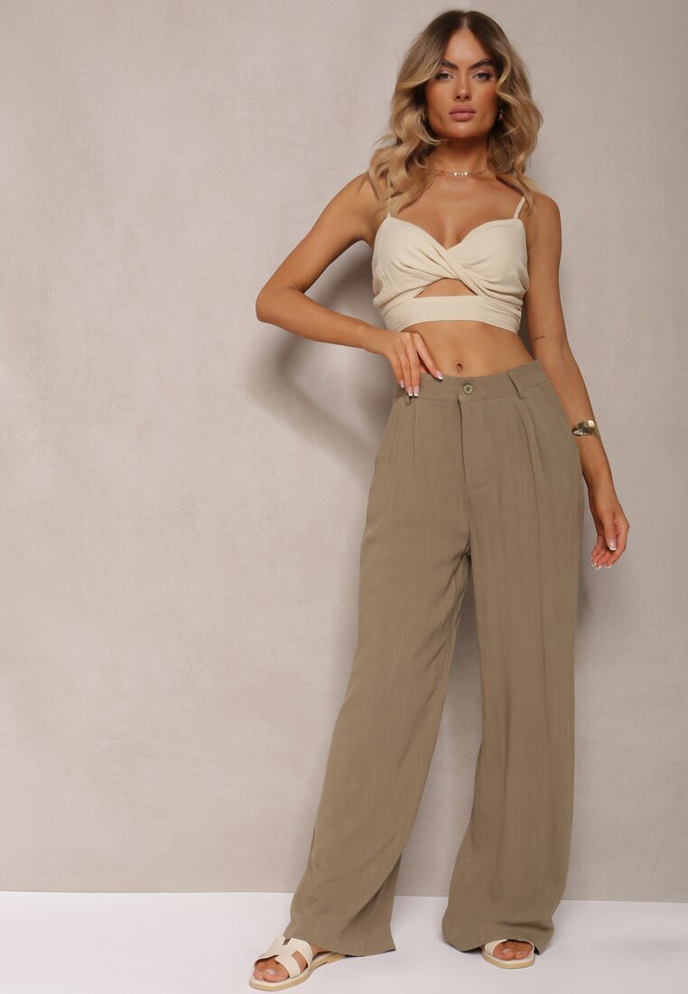 melya by melody Pantaloni Largi Verde închis cu Talie înaltă din In și Viscoză Apoises