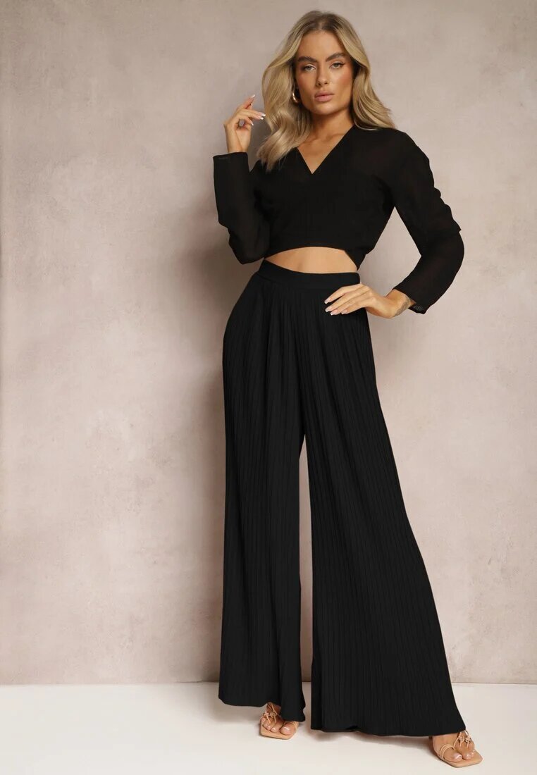 melya by melody Pantaloni negri largi cu Pliuri High Waist Mirealli