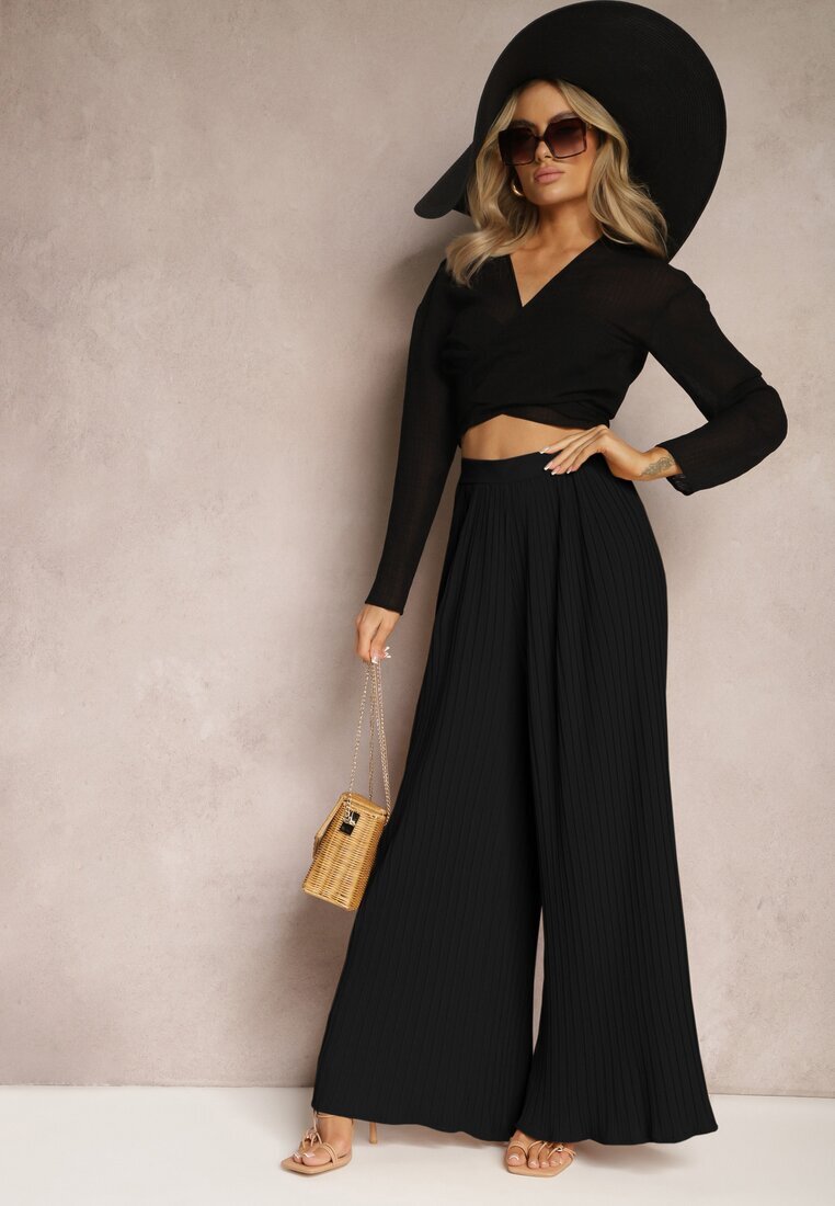 melya by melody Pantaloni negri largi cu Pliuri High Waist Mirealli