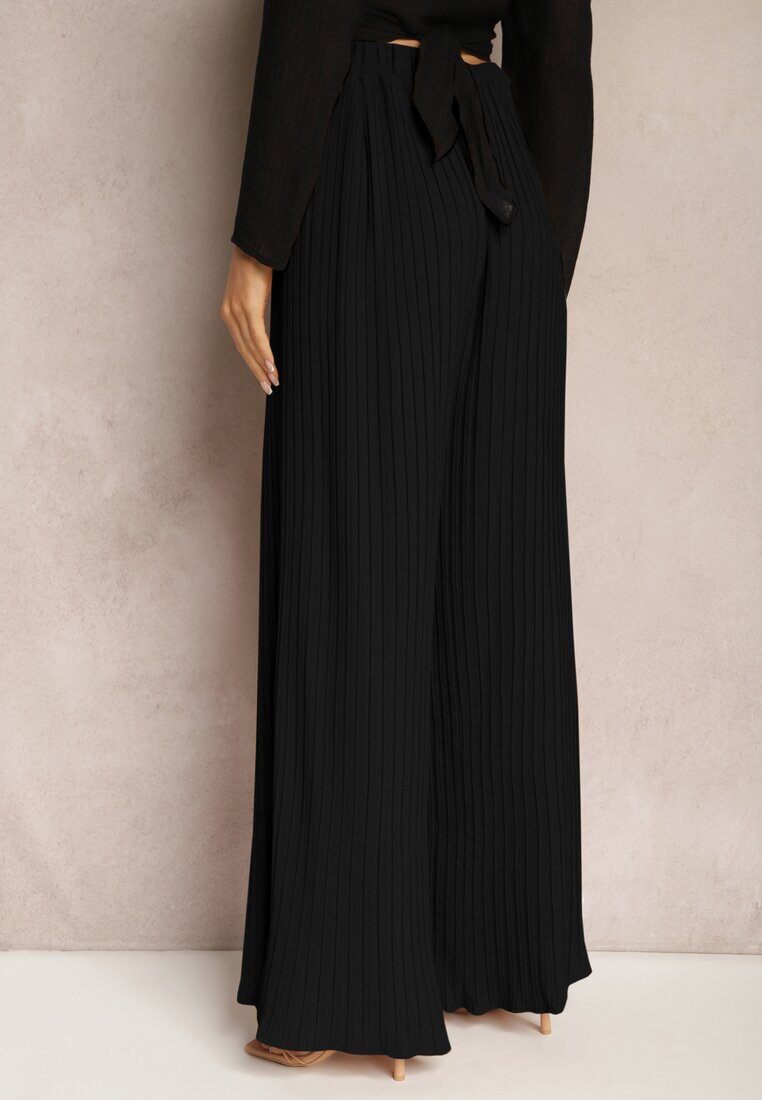 melya by melody Pantaloni negri largi cu Pliuri High Waist Mirealli