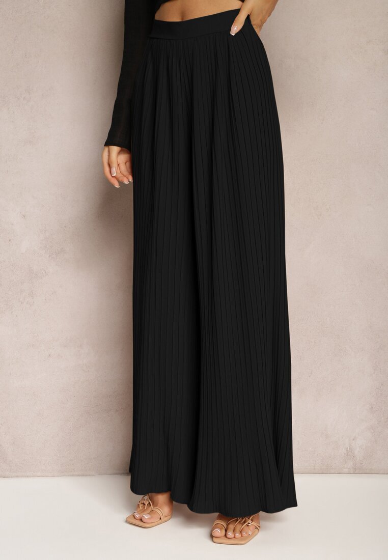 melya by melody Pantaloni negri largi cu Pliuri High Waist Mirealli