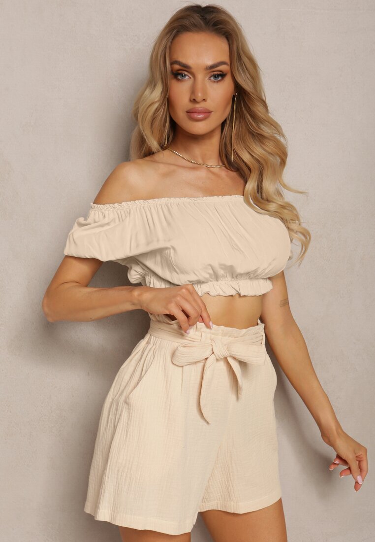 melya by melody Pantaloni scurți bej din bumbac cu elastic în talie și curea Lovenia