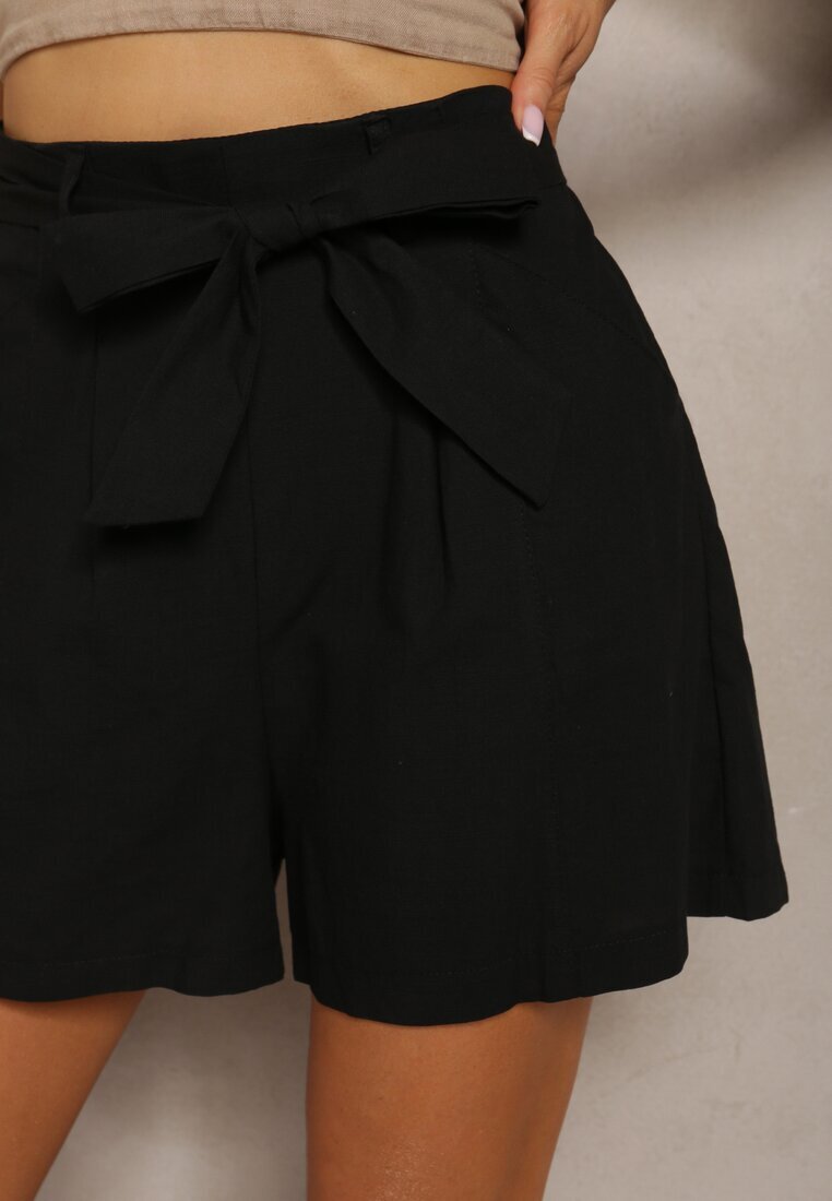 melya by melody Pantaloni scurți Negri Casual stil bermude din bumbac cu centură din material și elastic cusut la spate Lovanara