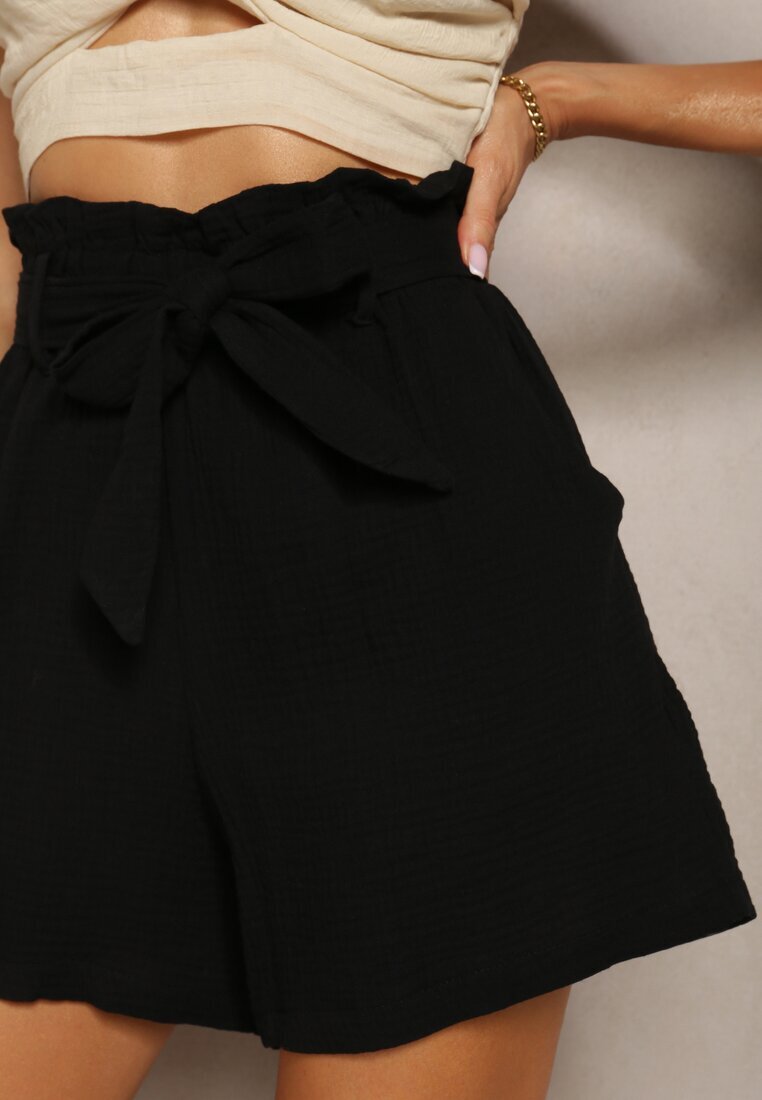 melya by melody Pantaloni scurți Negri Din bumbac cu elastic în talie și cu centură Lovenia
