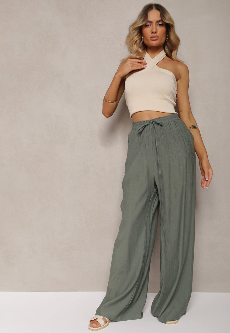 melya by melody Pantaloni Verde închis din vâscoză largi cu elastic și șnur în talie Tarallia