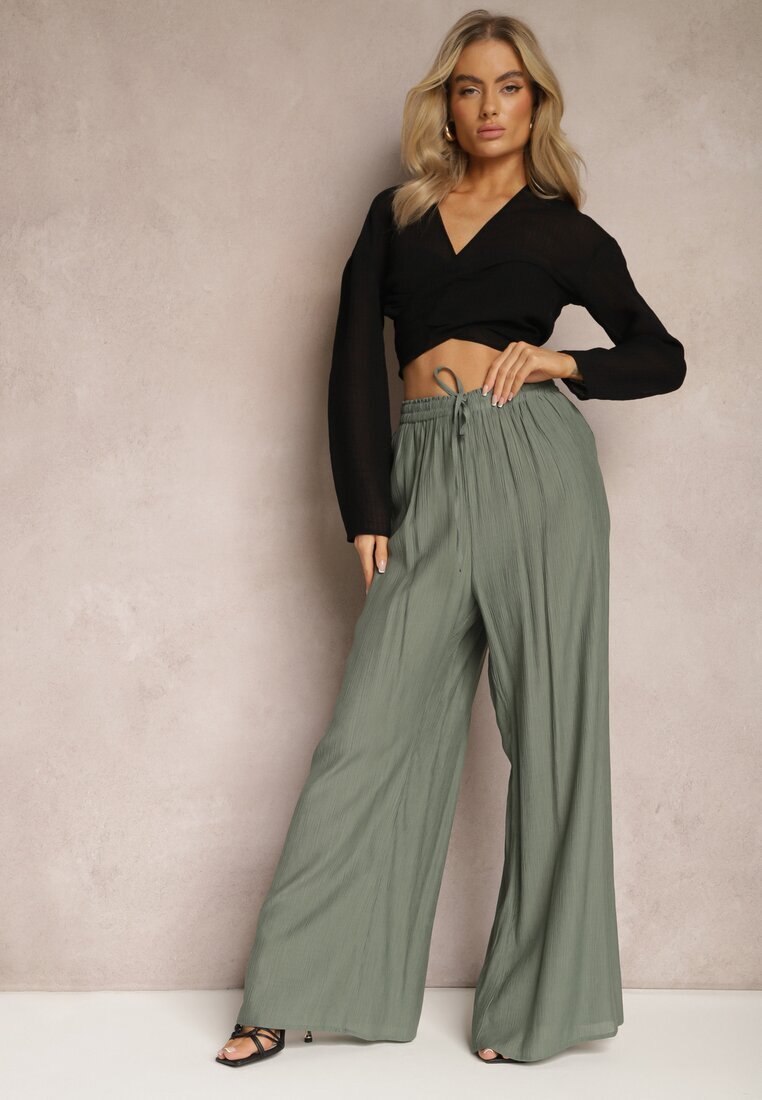 melya by melody Pantaloni Verde închis din vâscoză largi cu elastic și șnur în talie Tarallia