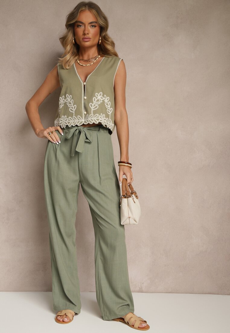 melya by melody Pantaloni Verzi Clasici cu talie înaltă din in și bumbac legați în talie Linelira