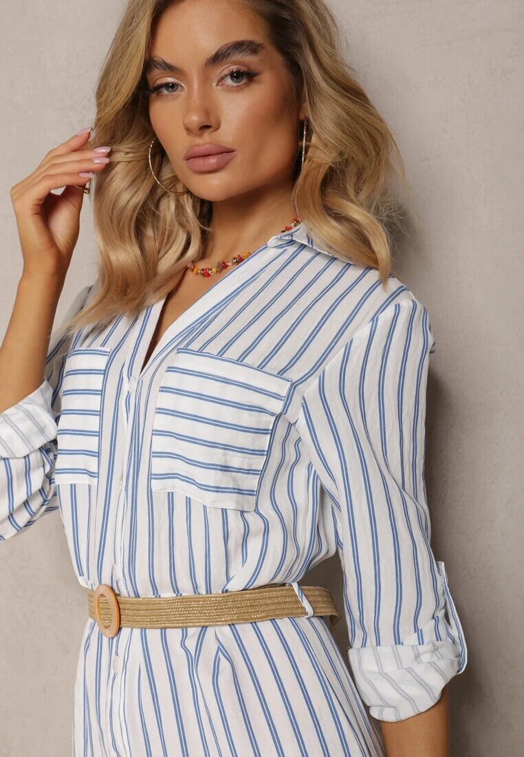 melya by melody Rochie Alb cu Albastru Tip cămașă Midi în dungi cu in și curea împletită Efordia