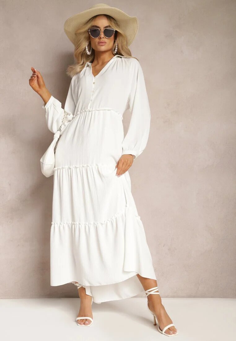 melya by melody Rochie Albă Evazată Maxi cu Volane și Guler Rehtima