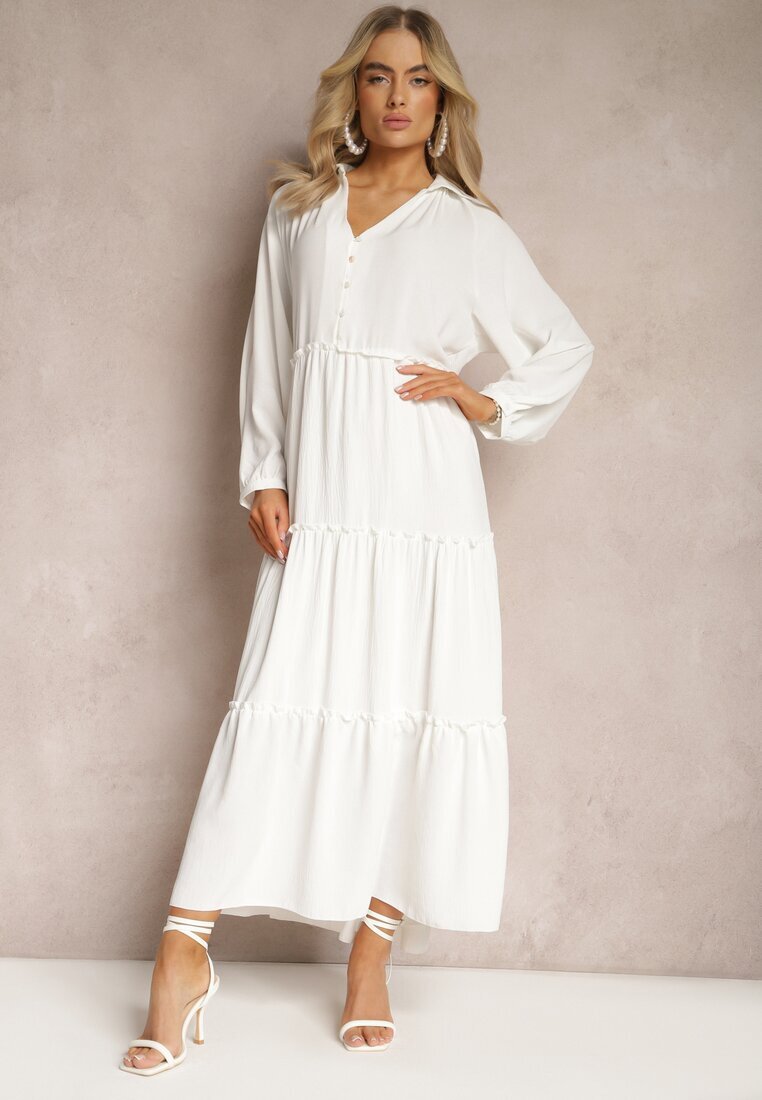 melya by melody Rochie Albă Evazată Maxi cu Volane și Guler Rehtima