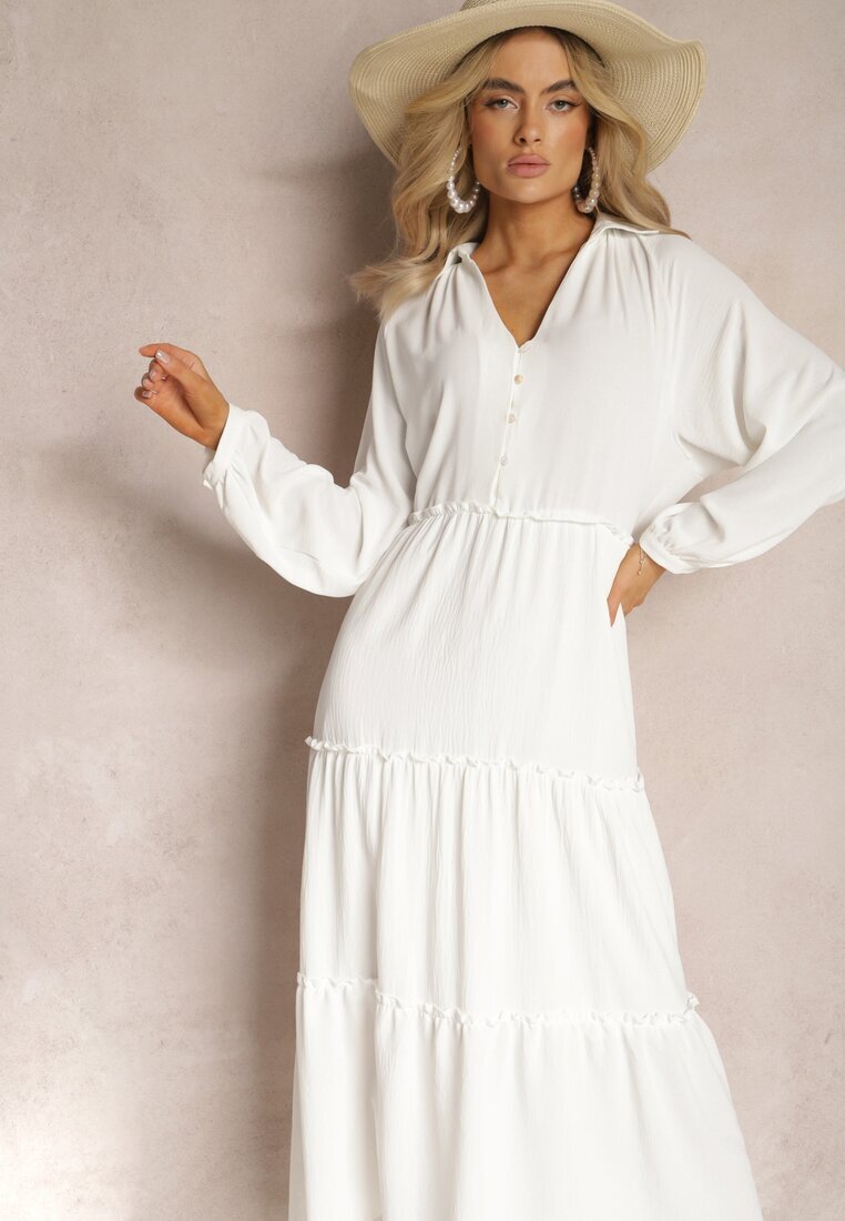 melya by melody Rochie Albă Evazată Maxi cu Volane și Guler Rehtima