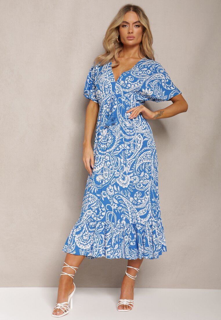 melya by melody Rochie Albastră de vară cu elastic în talie și ciucuri decorativi Aleriana