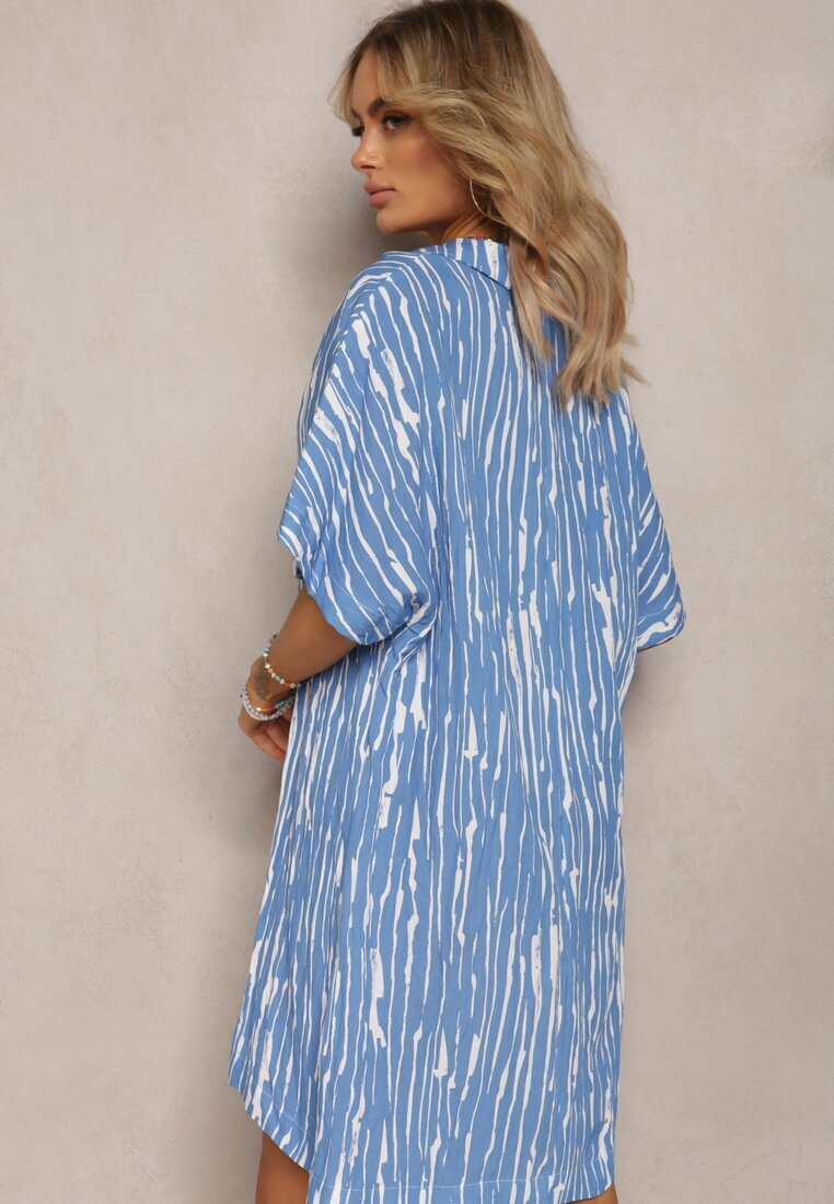 melya by melody Rochie Albastră Dreaptă din In și Bumbac cu Guler Umstalia