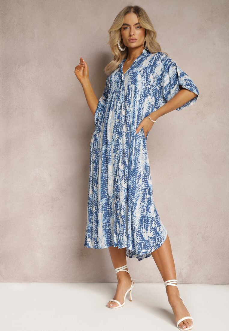 melya by melody Rochie Albastră Evazată cu guler din viscoză cu model modern Ilvana