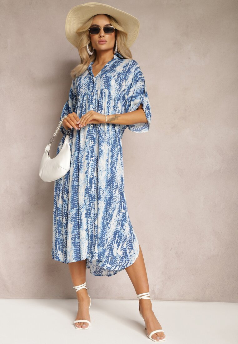 melya by melody Rochie Albastră Evazată cu guler din viscoză cu model modern Ilvana