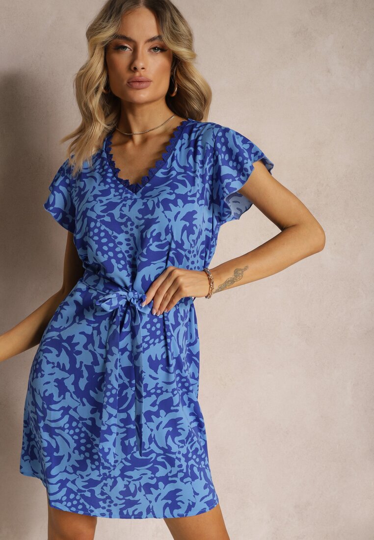 melya by melody Rochie Albastru-Bleumarin cu Decolteu cu Plasă cu Mânecă Scurtă și Cordon din Material Mleasa