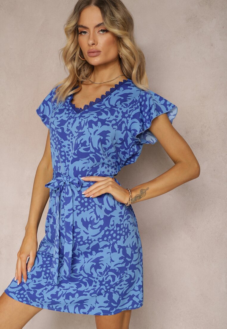 melya by melody Rochie Albastru-Bleumarin cu Decolteu cu Plasă cu Mânecă Scurtă și Cordon din Material Mleasa