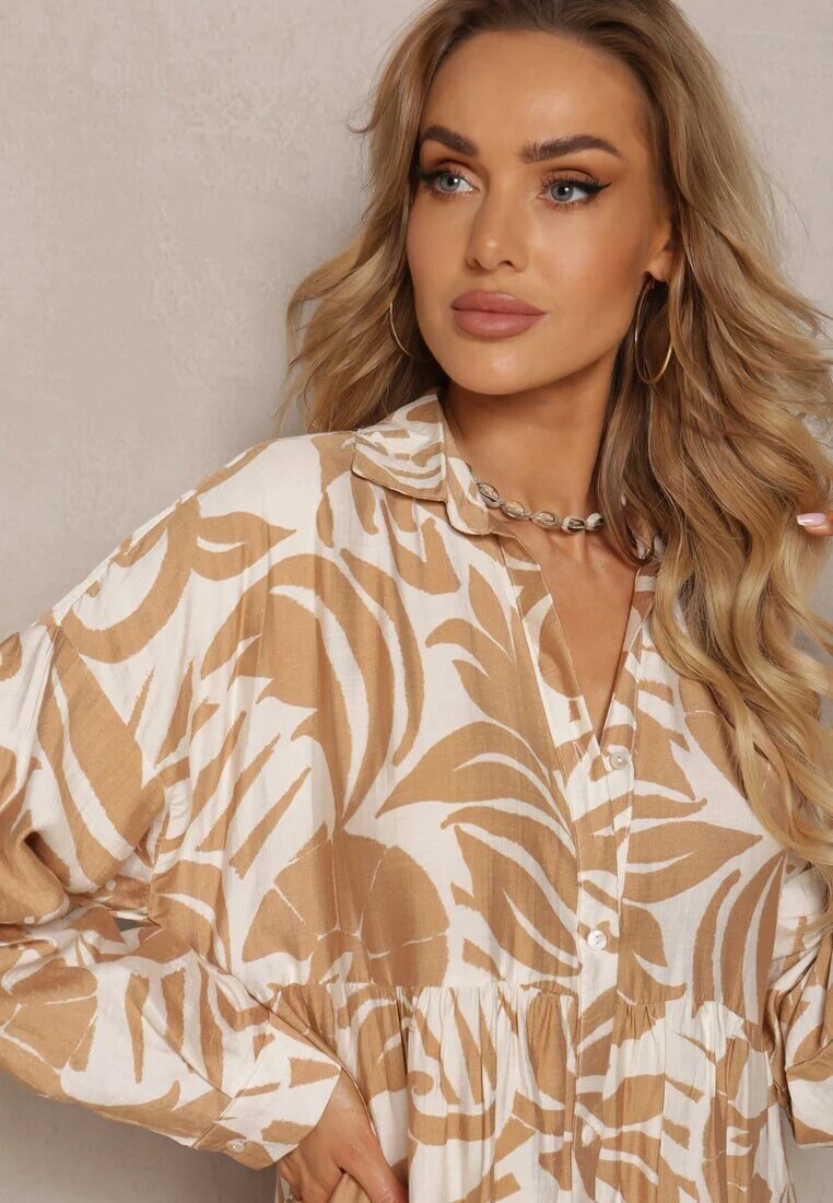 melya by melody Rochie Bej Evazată Tip Cămașă cu închidere nasturi și Volan Kelloena