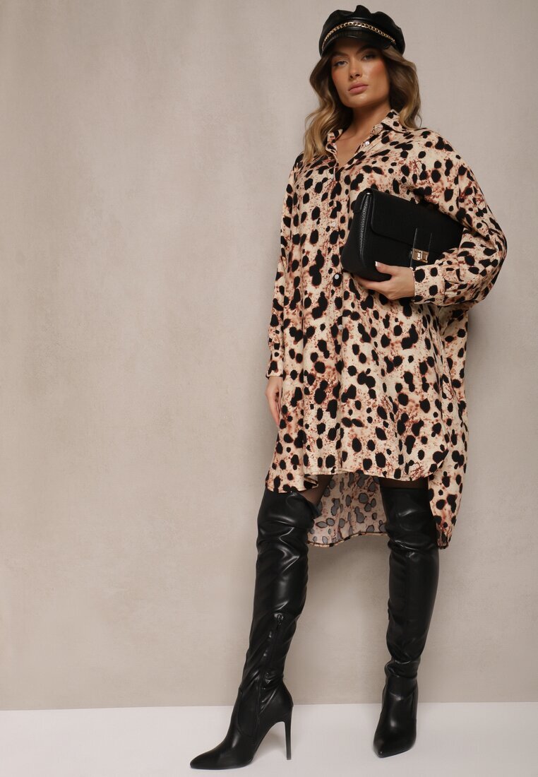 melya by melody Rochie bej tip cămașă cu imprimeu leopard croială liliac din viscoză cu in Emindara