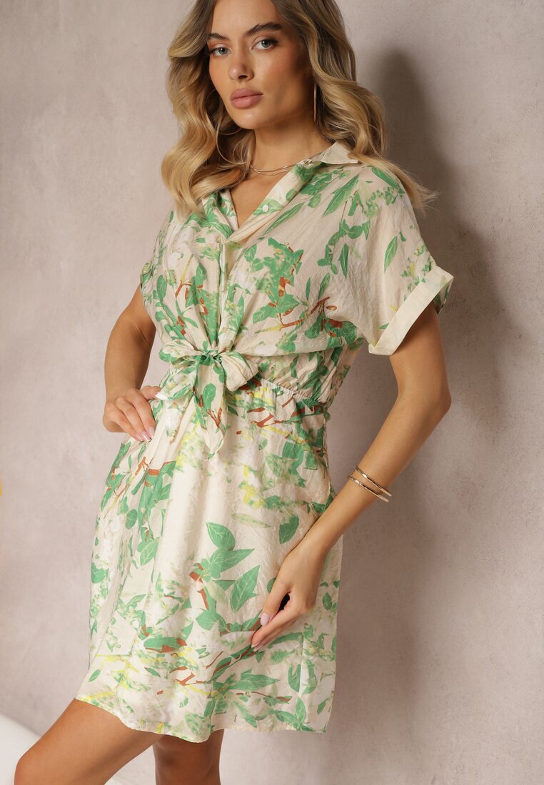 melya by melody Rochie Bej-Verde cu Legare în Talie Decorată cu Imprimeu Abstract Namsalia