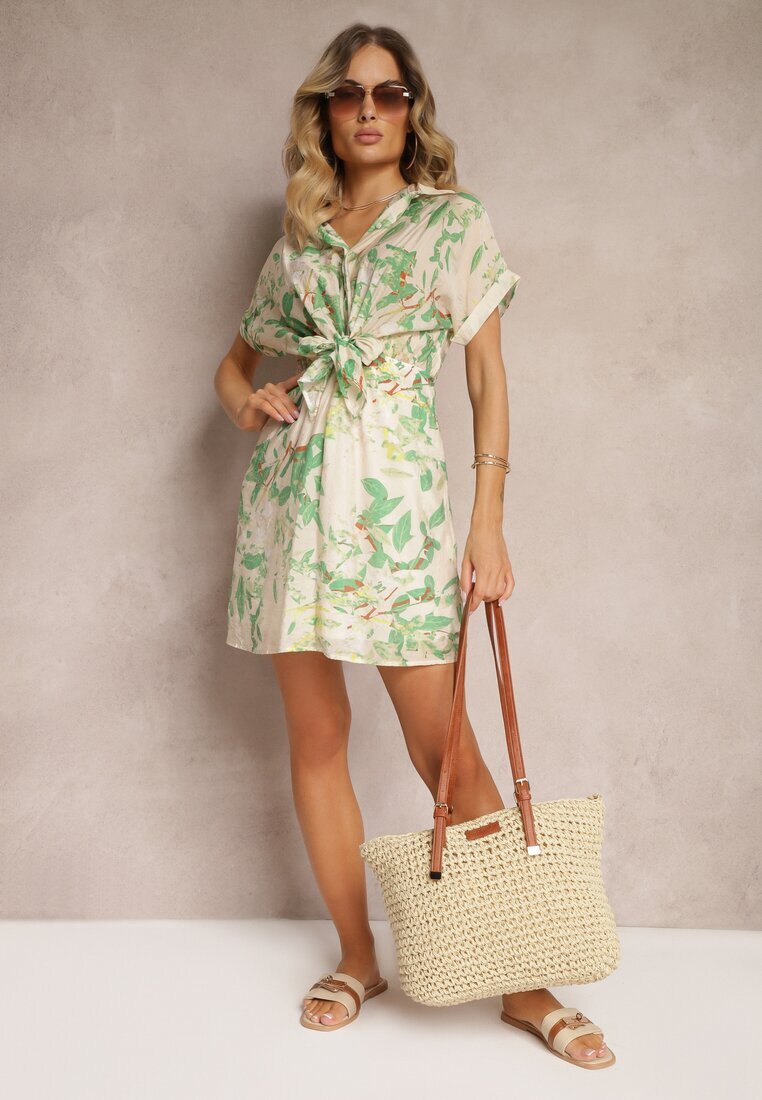 melya by melody Rochie Bej-Verde cu Legare în Talie Decorată cu Imprimeu Abstract Namsalia