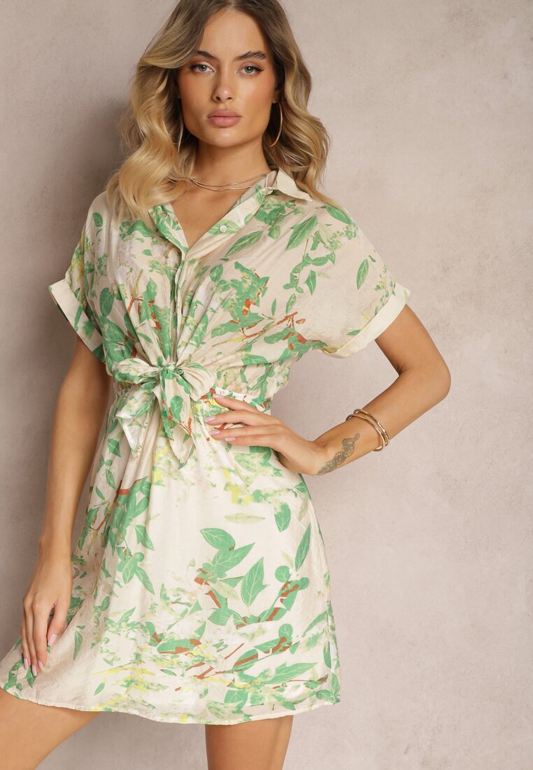 melya by melody Rochie Bej-Verde cu Legare în Talie Decorată cu Imprimeu Abstract Namsalia