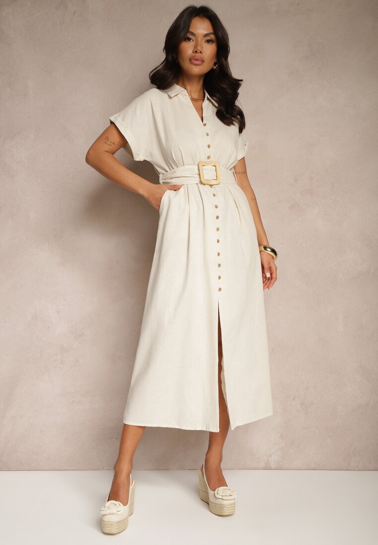 melya by melody Rochie cămașă Bej deschis din bumbac cu mânecă scurtă cu cordon din material Celirna