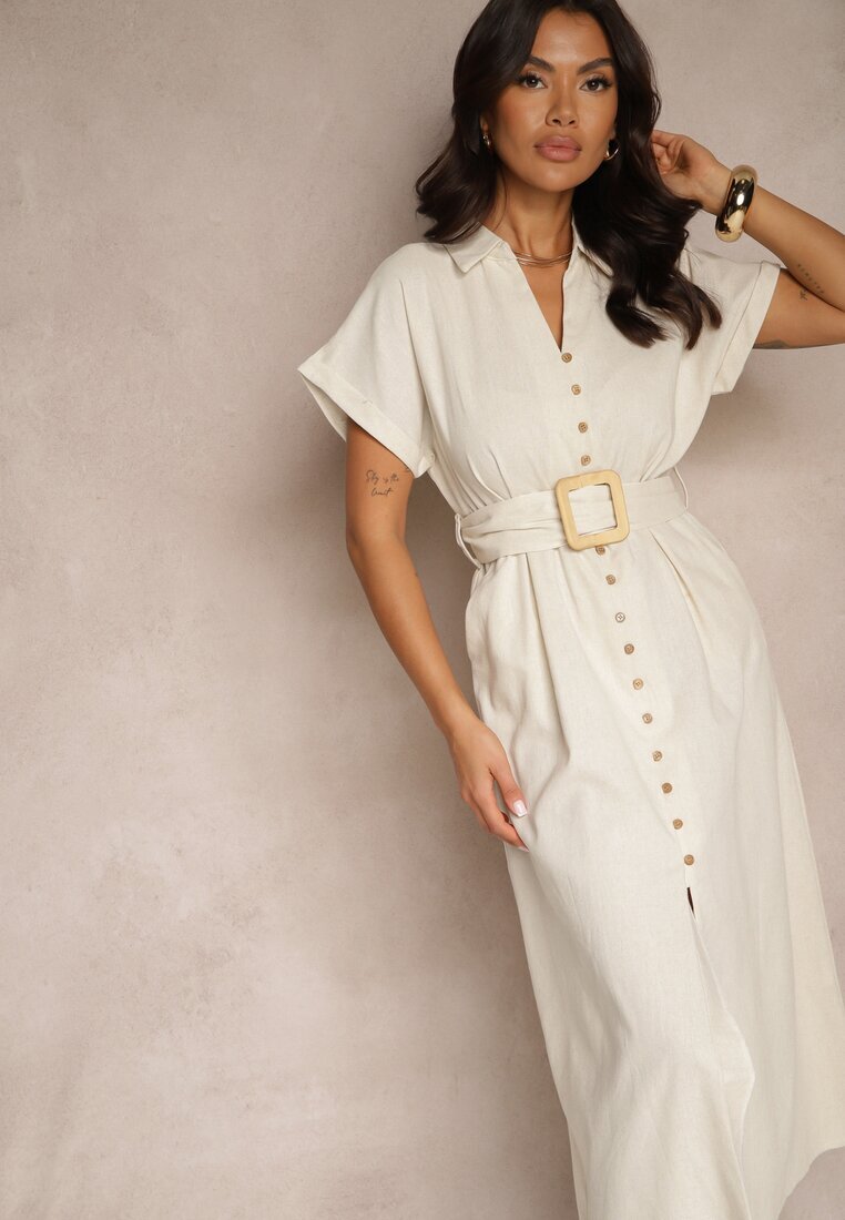 melya by melody Rochie cămașă Bej deschis din bumbac cu mânecă scurtă cu cordon din material Celirna