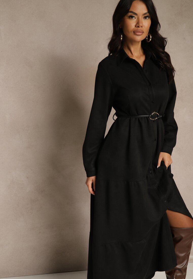 melya by melody Rochie cămașă Neagră din viscoză decorată cu curea Retelsa