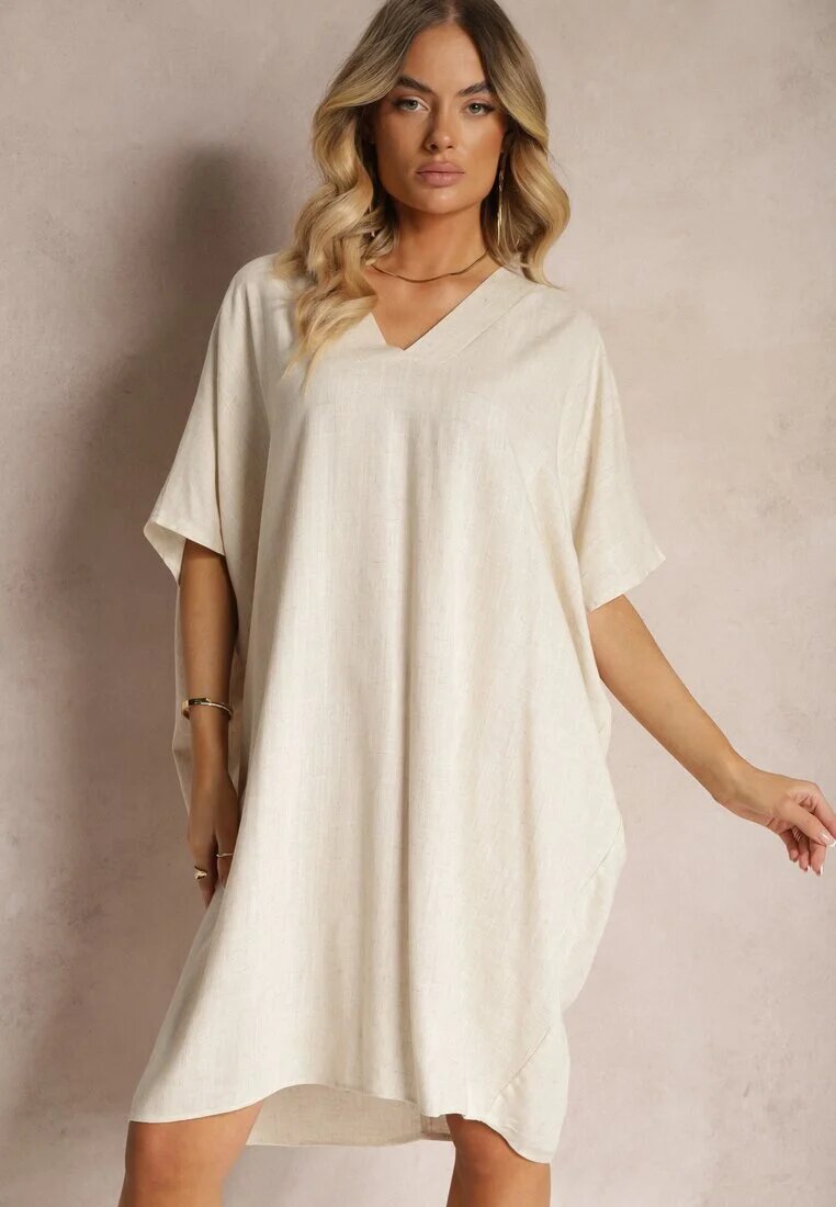 melya by melody Rochie Dreaptă Bej din bumbac cu mânecă scurtă și decolteu triunghiular Vikana