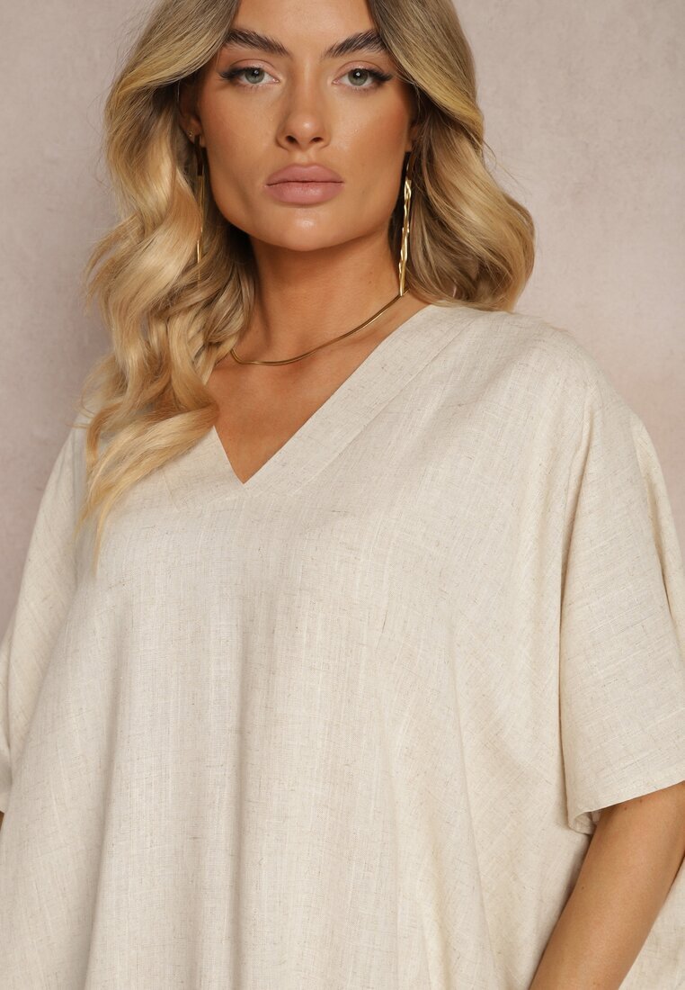 melya by melody Rochie Dreaptă Bej din bumbac cu mânecă scurtă și decolteu triunghiular Vikana