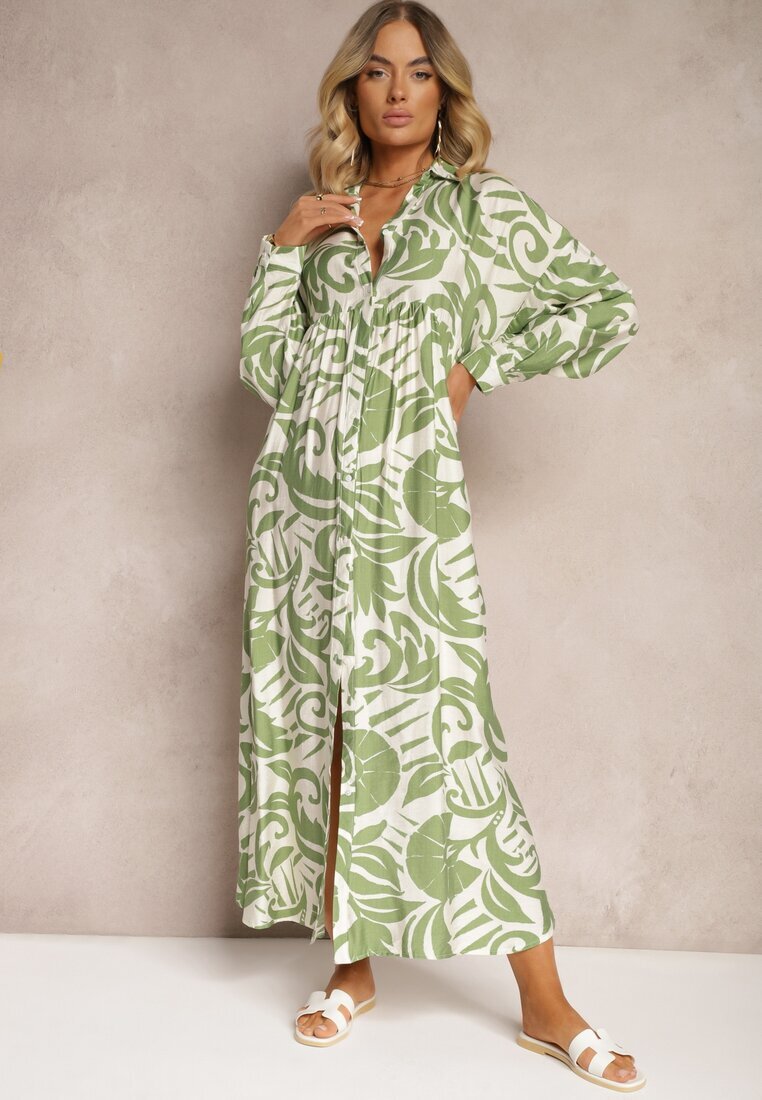 melya by melody Rochie Evazată Verde Tip Cămașă cu Închidere cu Nasturi și Volan Kelloena